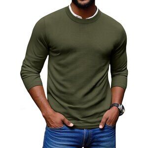 Coofandy Men Deep Army Crew Neck Pullover Long Sleeve Lightweight Dress Sweater